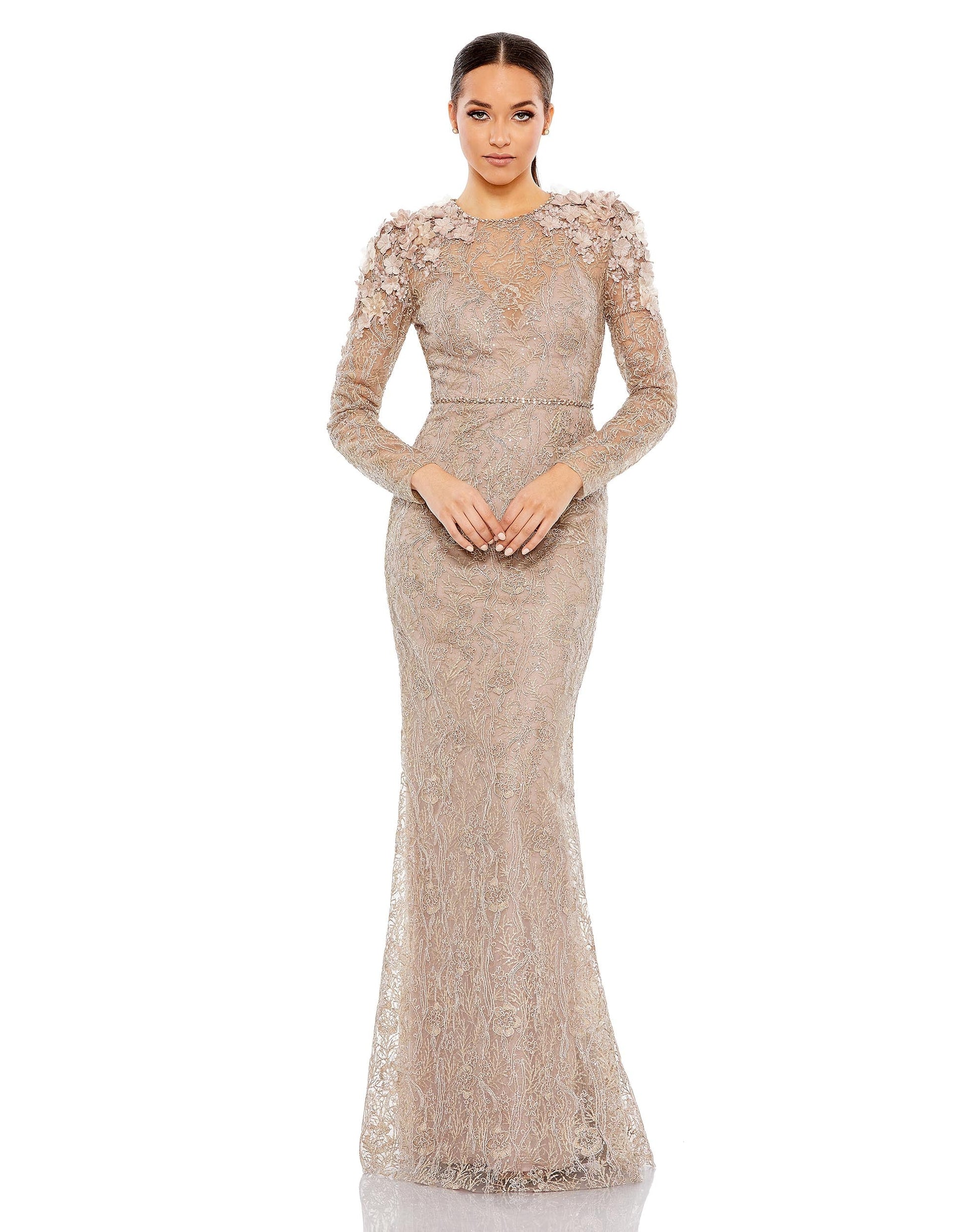 Formal Dresses Formal Prom Long Sleeve Floral Dress Taupe