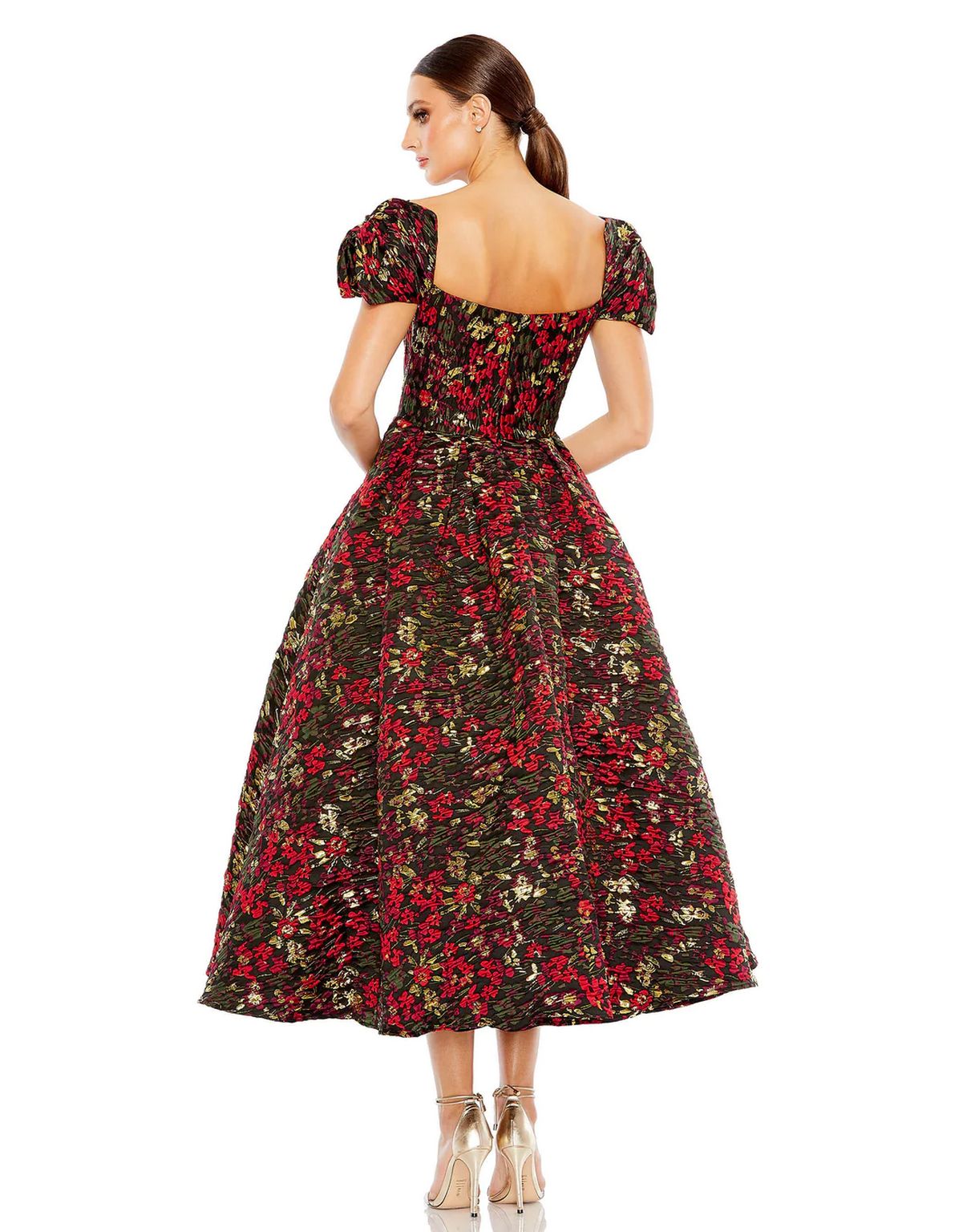 Cocktail Dresses Floral Brocade Cap sleeve Tea Length Dress Black Multi