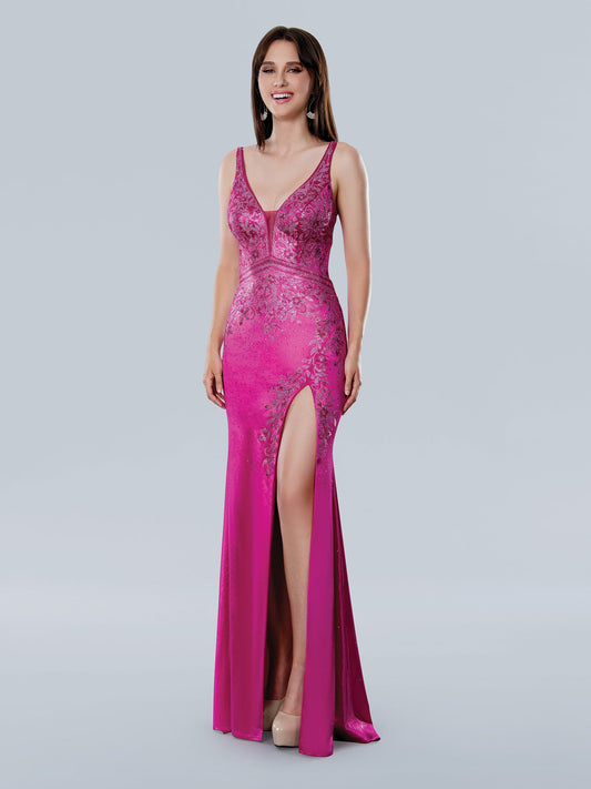 Prom Dresses Fitted Slit Long Formal Floral Prom Dress Fuchsia