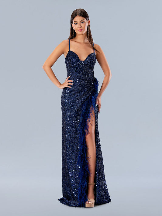 Prom Dresses Long Formal Feather Prom Sequin Dress Navy