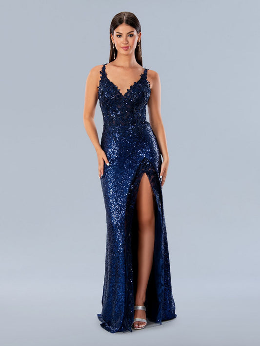 Prom Dresses Floral Applique Formal Long Sequin Prom Dress Navy