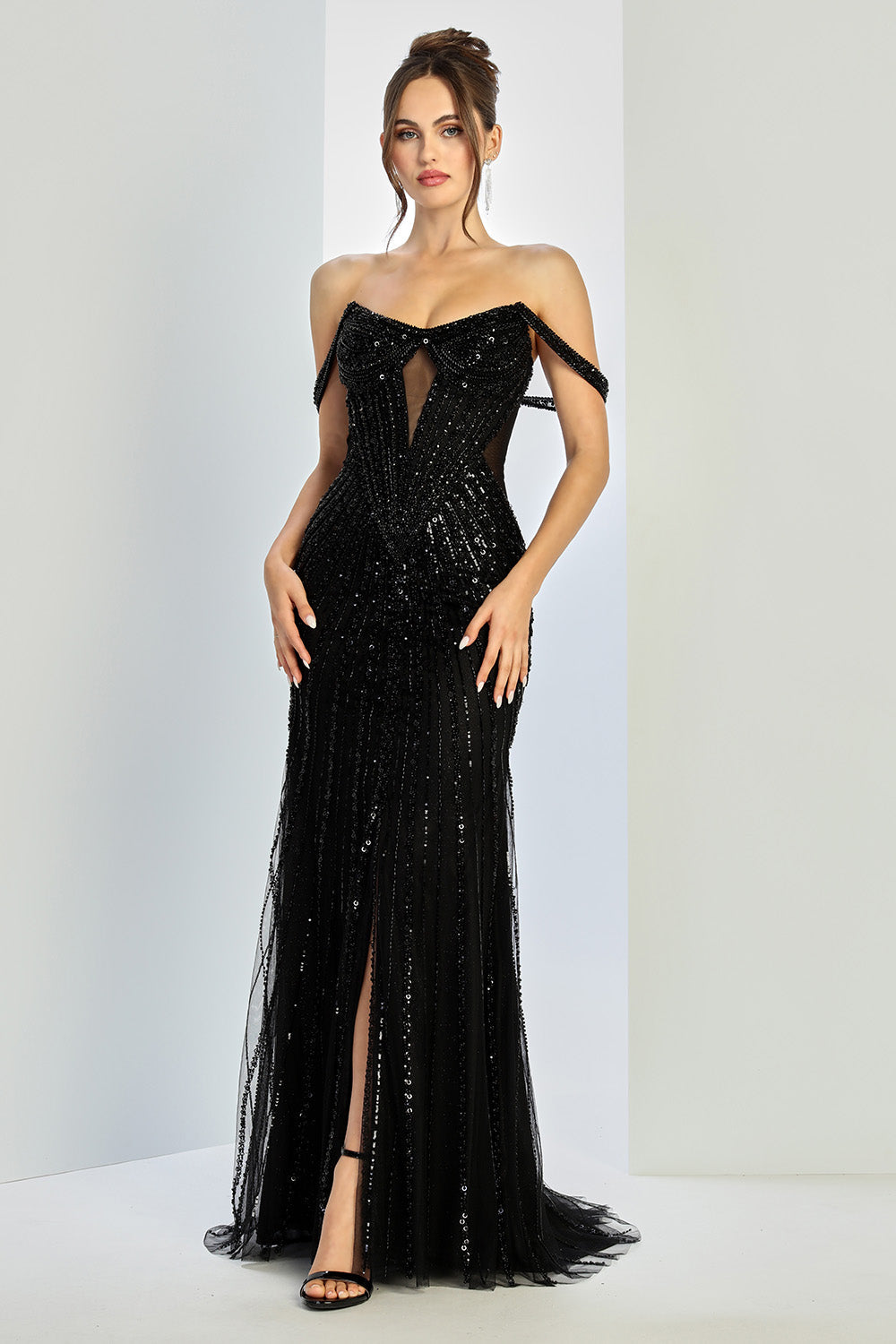 Black Adora Design 3271 Prom Fitted Long Formal Beaded Sequin Evening