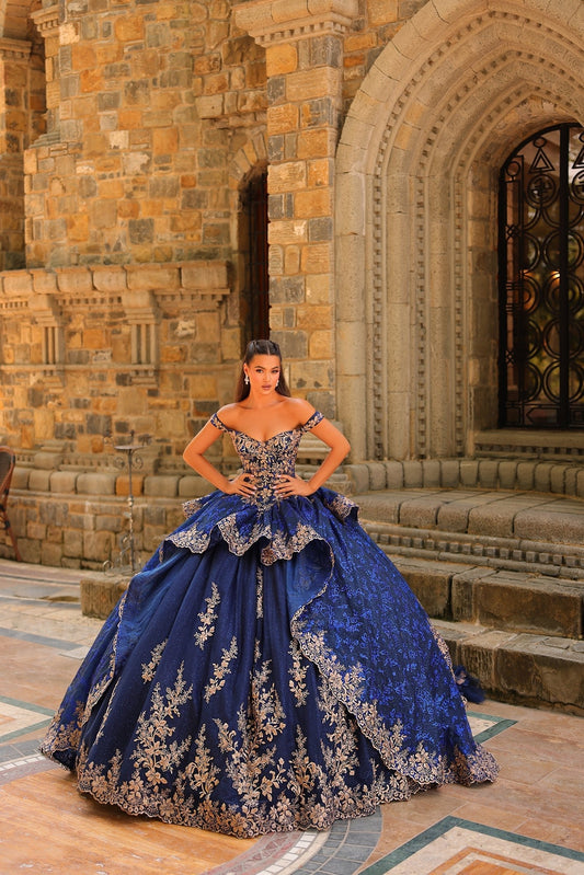 Quinceanera Dresses Long Ball Gown 3D Floral Quinceañera Dress Navy