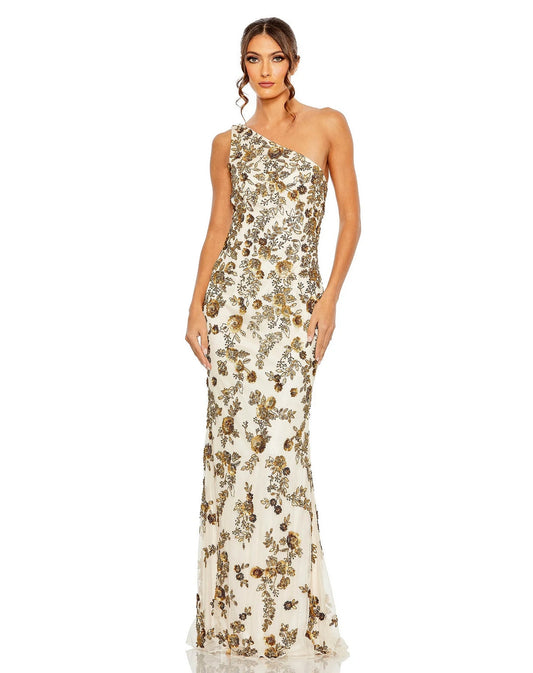 Formal Dresses Long Floral Beaded One Shoulder Dress Champagne Gold