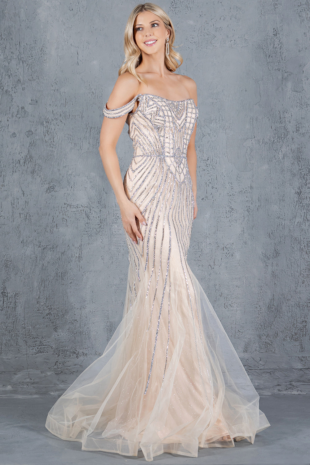 Prom Dresses Fitted Long Beaded Lace Formal Prom Dress Champagne