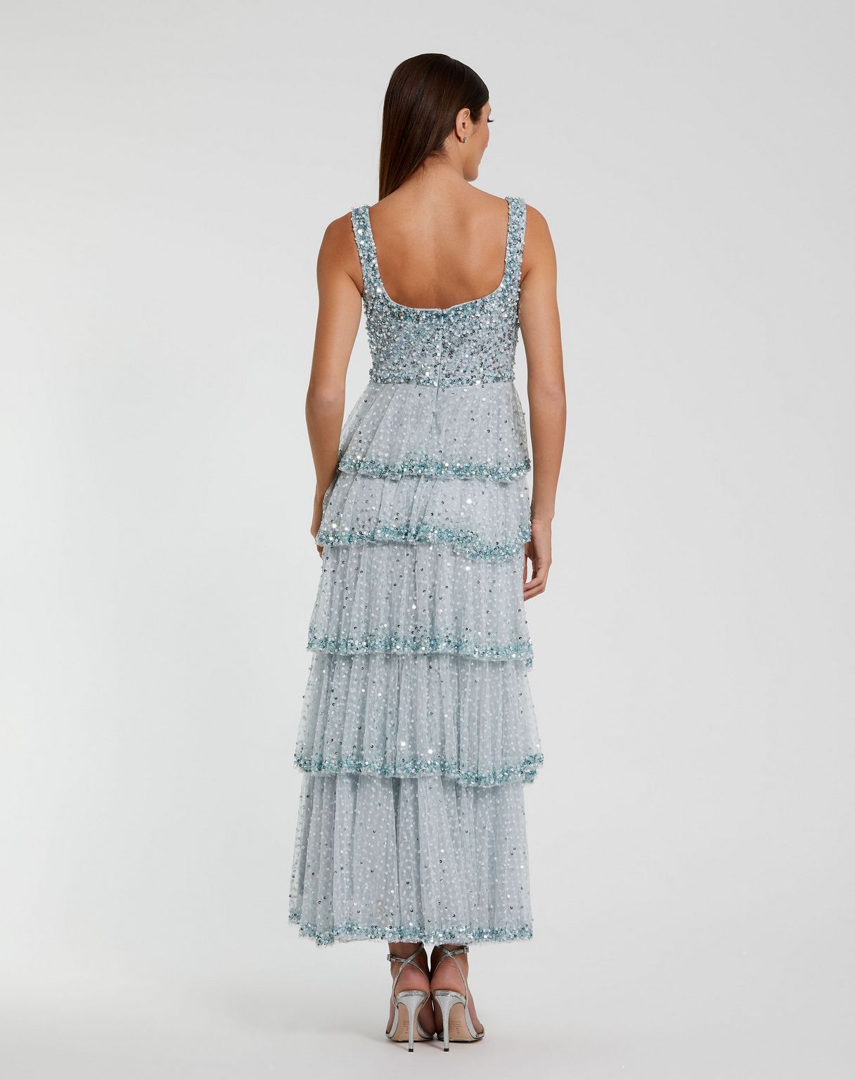 Formal Dresses Tea Length Formal Layered Ruffle Evening Dress Powder Blue