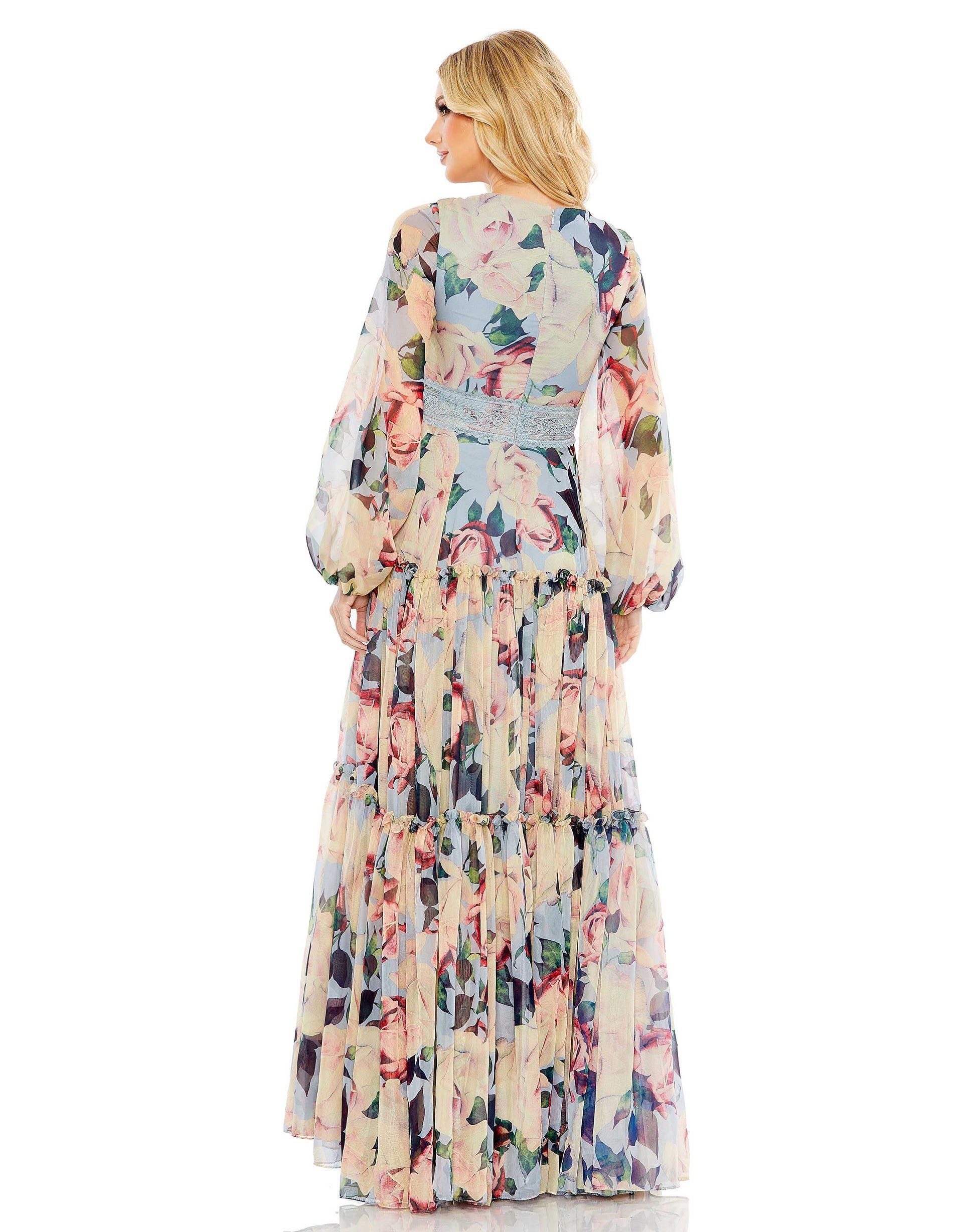 Formal Dresses Long Sleeve Floral A Line Formal Prom Dress Blue Multi