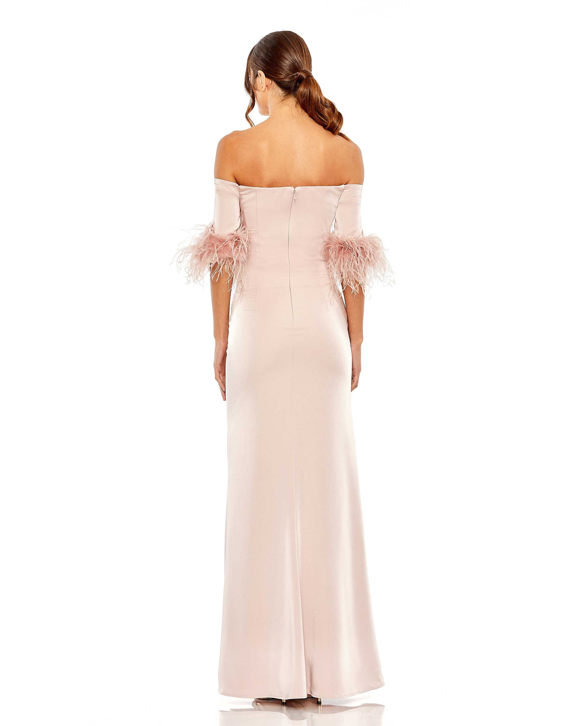 Prom Dresses  Feather Trim Long Fitted Formal Prom Gown Blush