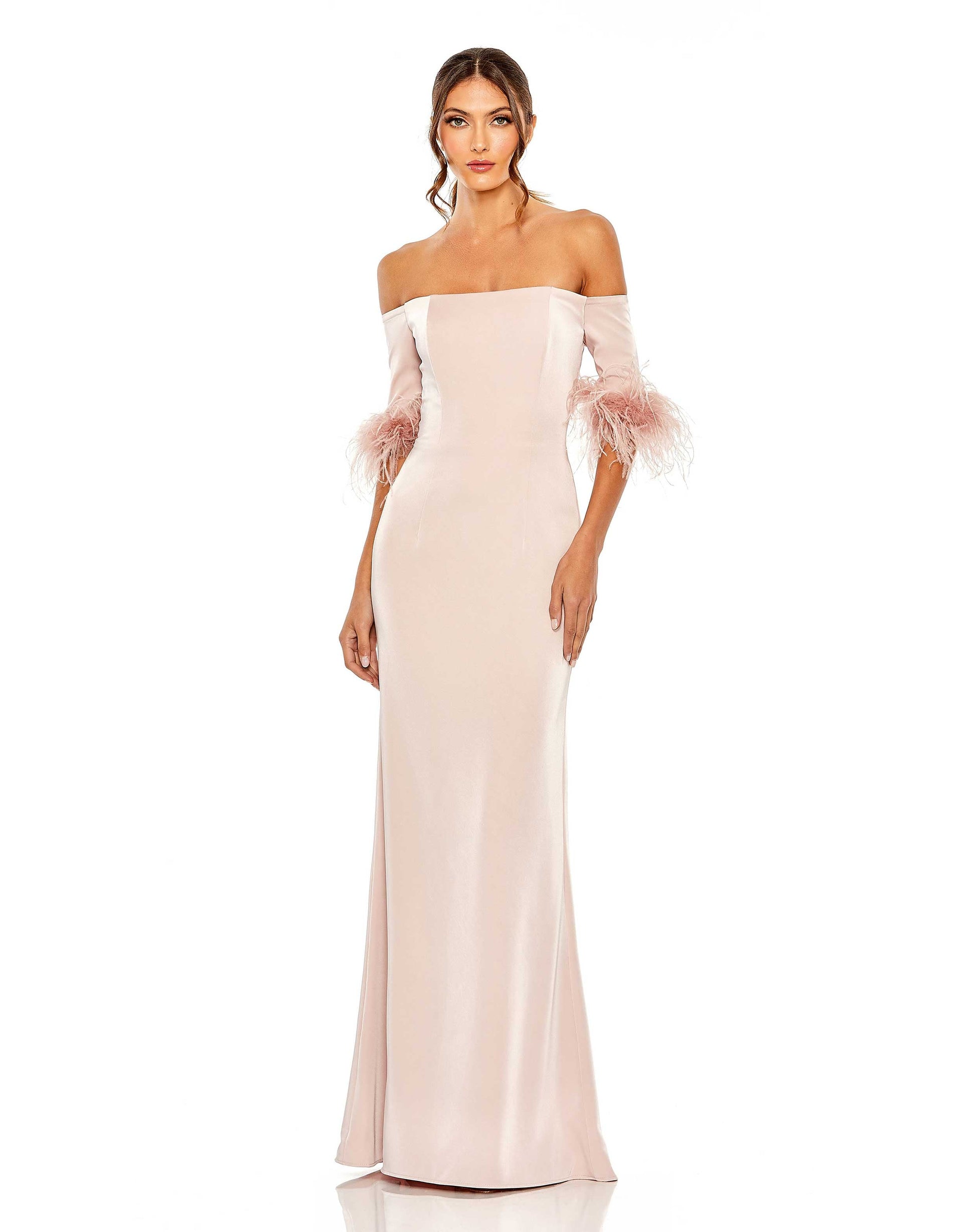 Prom Dresses  Feather Trim Long Fitted Formal Prom Gown Blush