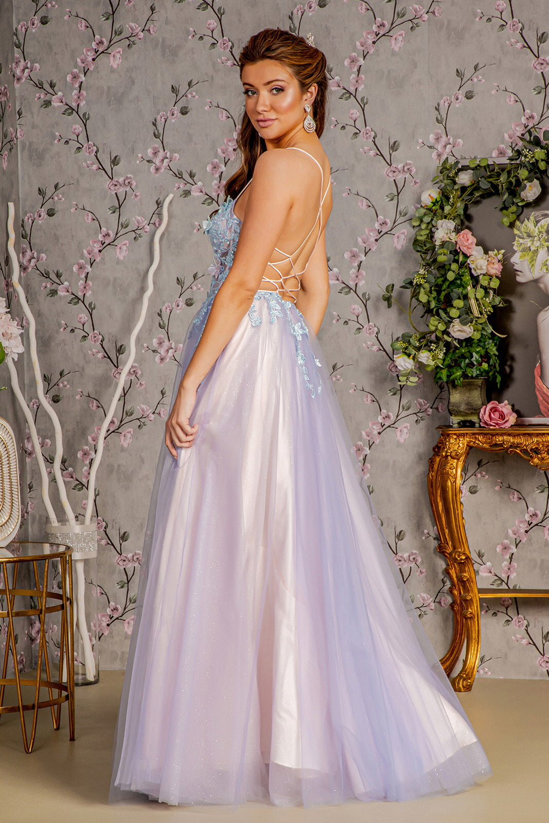 Prom Dresses  Prom 3D Butterfly A line Long Slit Dress Smoky Blue/Peach