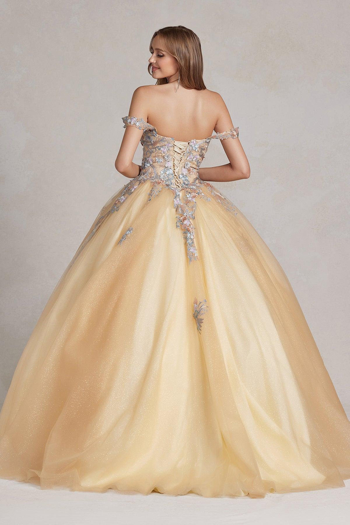 Nox Anabel JU809 Long Off Shoulder Quinceanera Dress Gold Multi