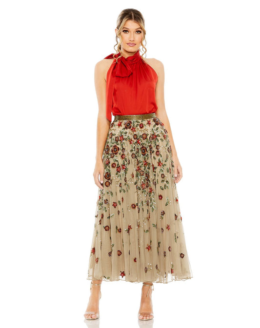 Skirt Floral Beaded Long Chiffon Skirt Only Coffee