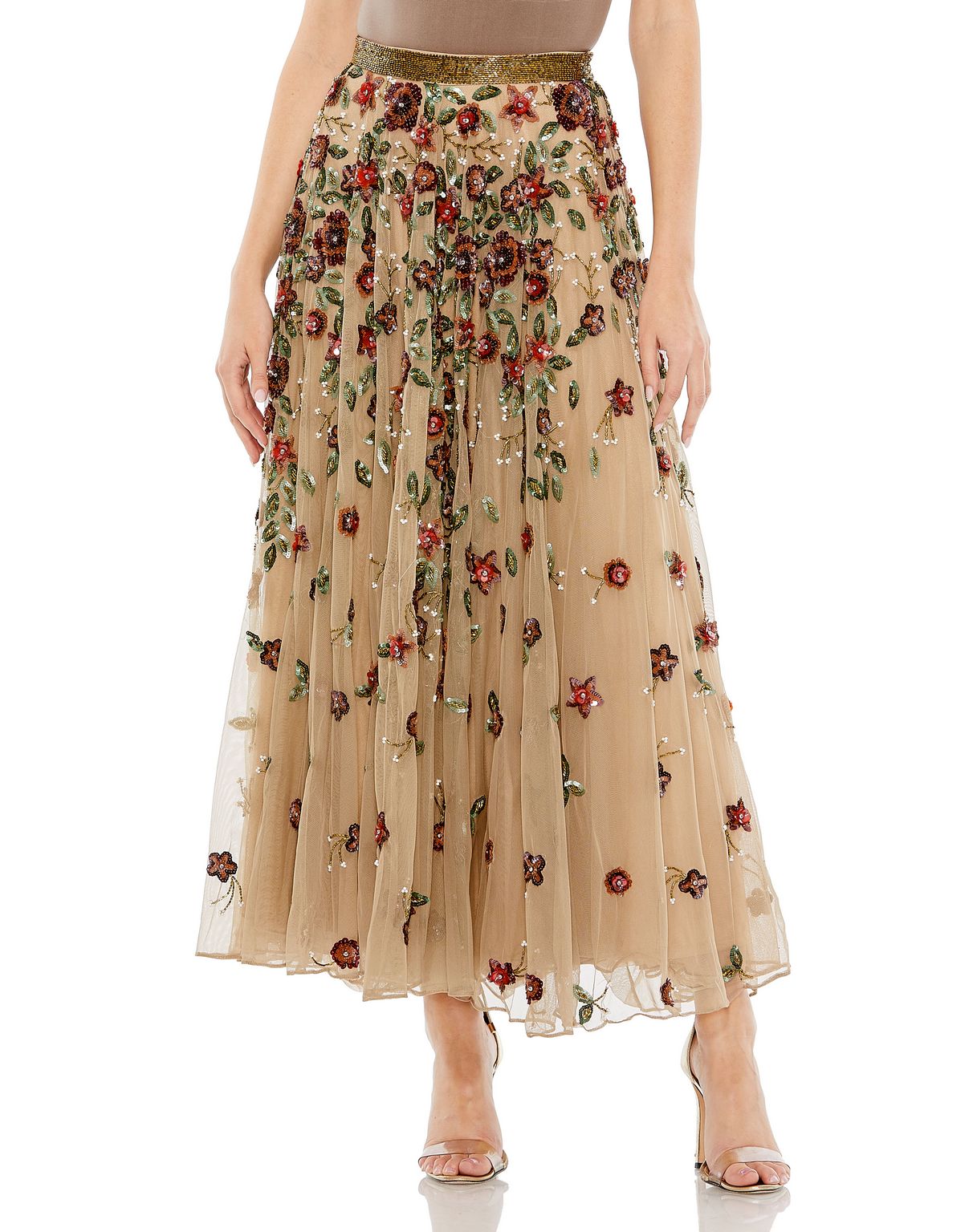 Skirt Floral Beaded Long Chiffon Skirt Only Coffee