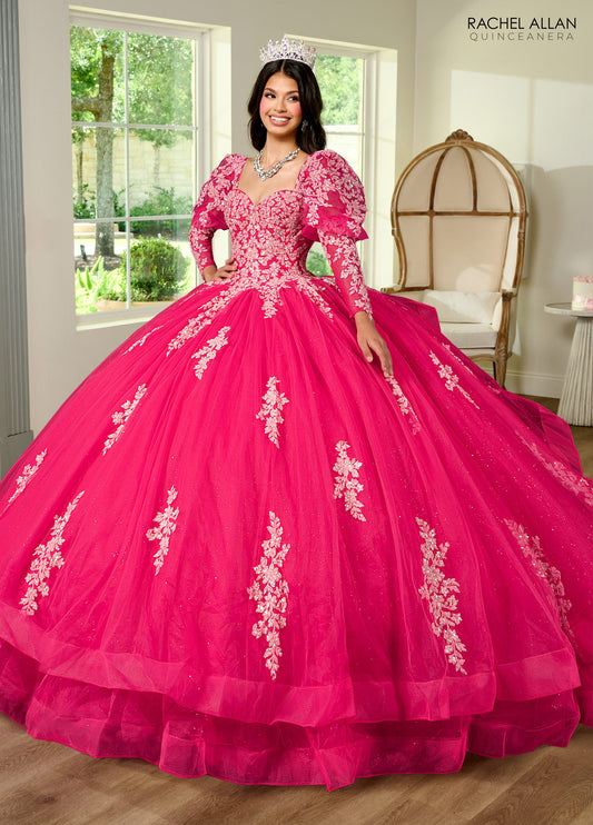 Quinceniera Dresses Detachable Long Sleeve Quinceniera Applique Ball Gown Bright Pink