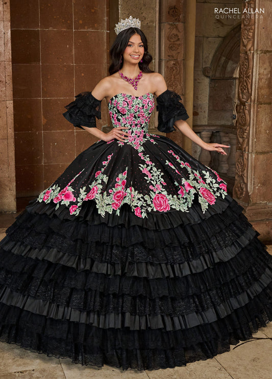 Quinceanera Dresses Long Quinceanera Detachable Sleeve Ball Gown Black Multi