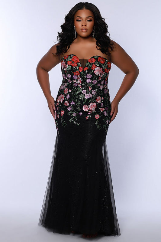 Plus Size Dresses Prom Long Fitted Floral Formal Plus Size Dress Black Floral