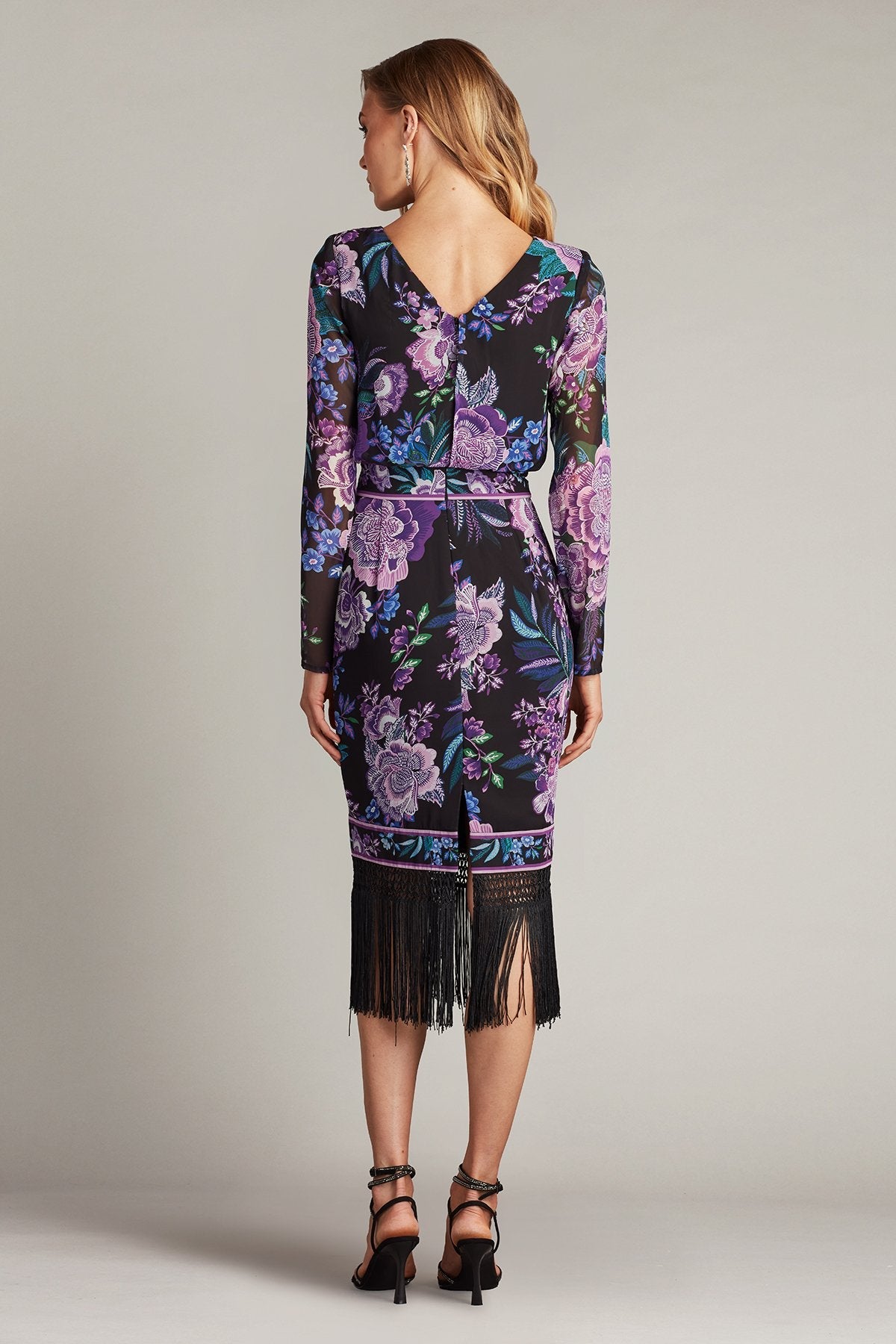 Cocktail Dresses Midi Length Fringe Floral Fitted Cocktail Dress Black Purple Floral