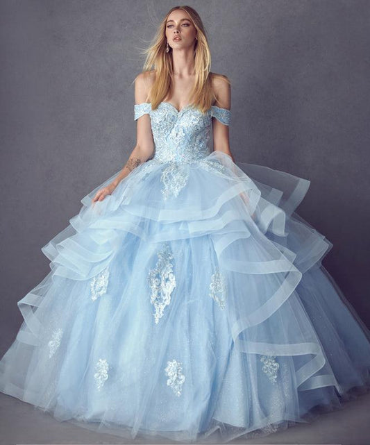 Long Quinceanera Off Shoulder Glitter Ball Gown - The Dress Outlet