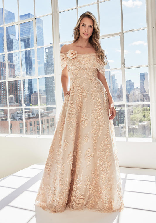 Prom Dresses A Line Formal 3D Floral Evening Dress Champagne