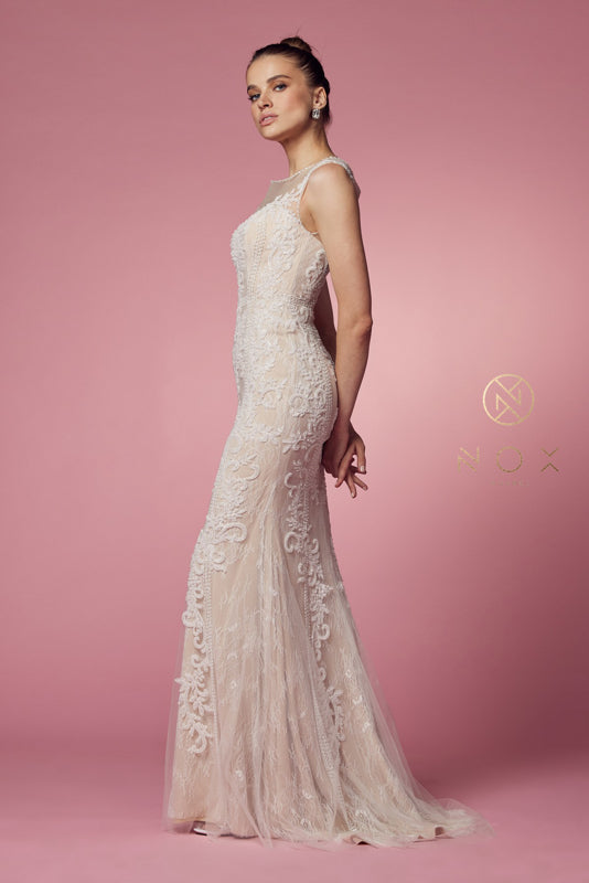 Wedding Dresses Long Fitted Floral Applique Wedding Dress Nude