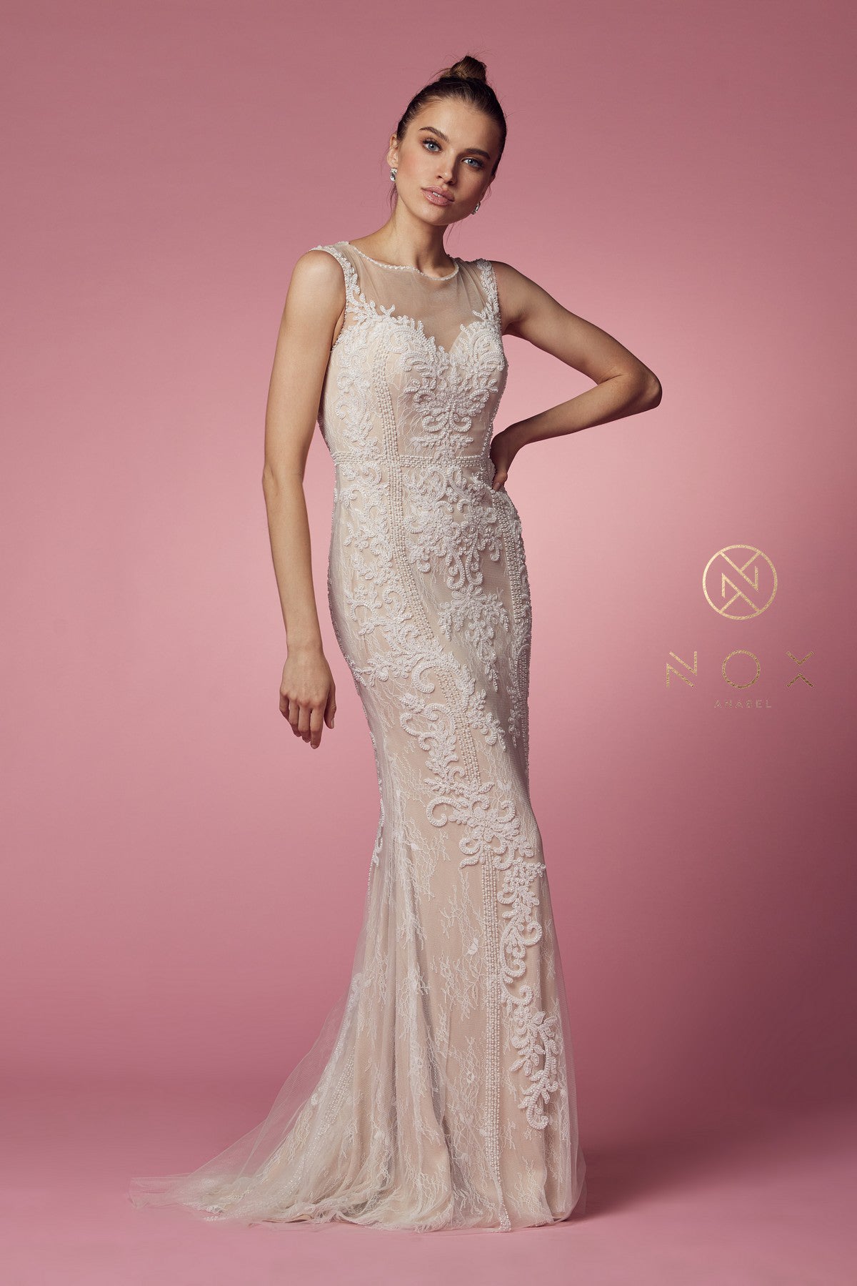 Wedding Dresses Long Fitted Floral Applique Wedding Dress Nude