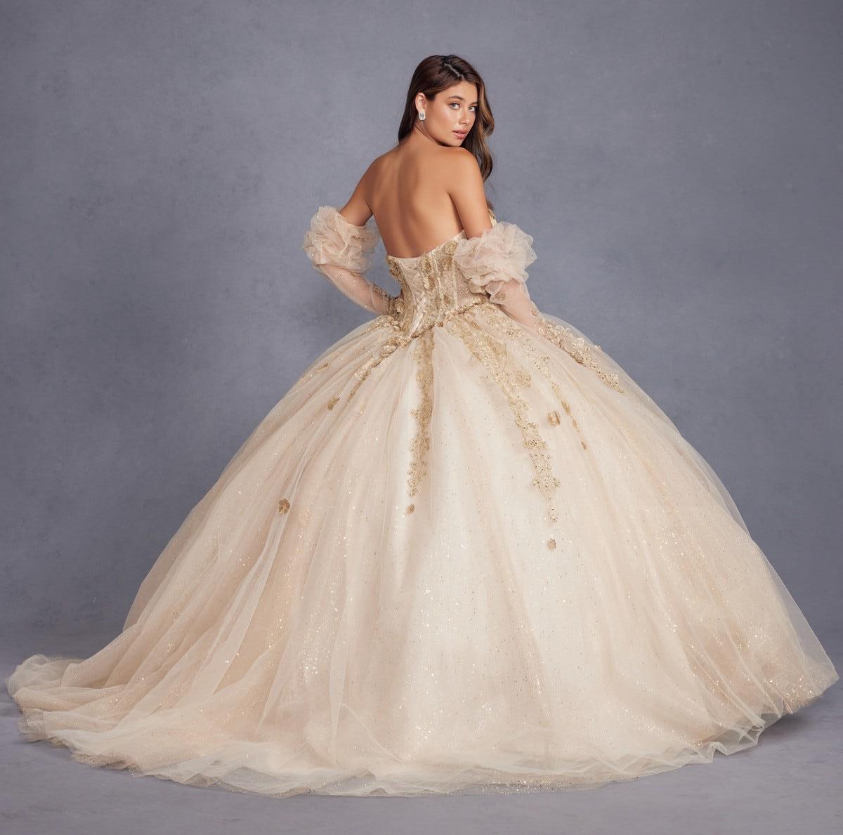 Quinceniera Dresses Long Ball Gown 3D Floral Sweet 16 Quinceanera Dress Champagne