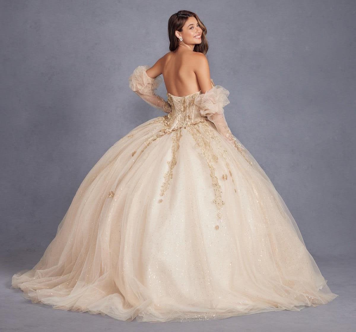 Quinceniera Dresses Long Ball Gown 3D Floral Sweet 16 Quinceanera Dress Champagne