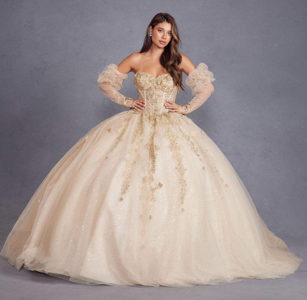 Quinceniera Dresses Long Ball Gown 3D Floral Sweet 16 Quinceanera Dress Champagne