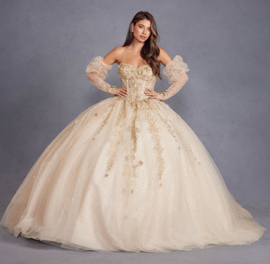 Quinceniera Dresses Long Ball Gown 3D Floral Sweet 16 Quinceanera Dress Champagne