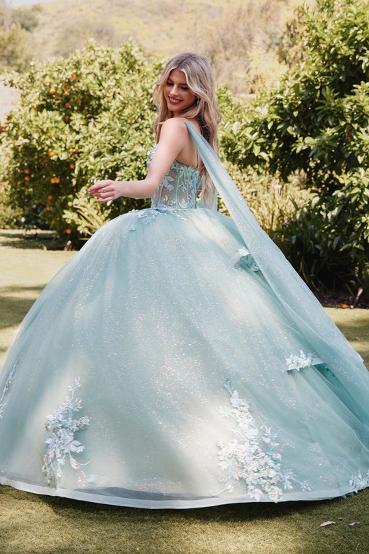 Quinceanera Dresses Beaded Long A Line Glitter Floral Applique Prom Dress Sage Green