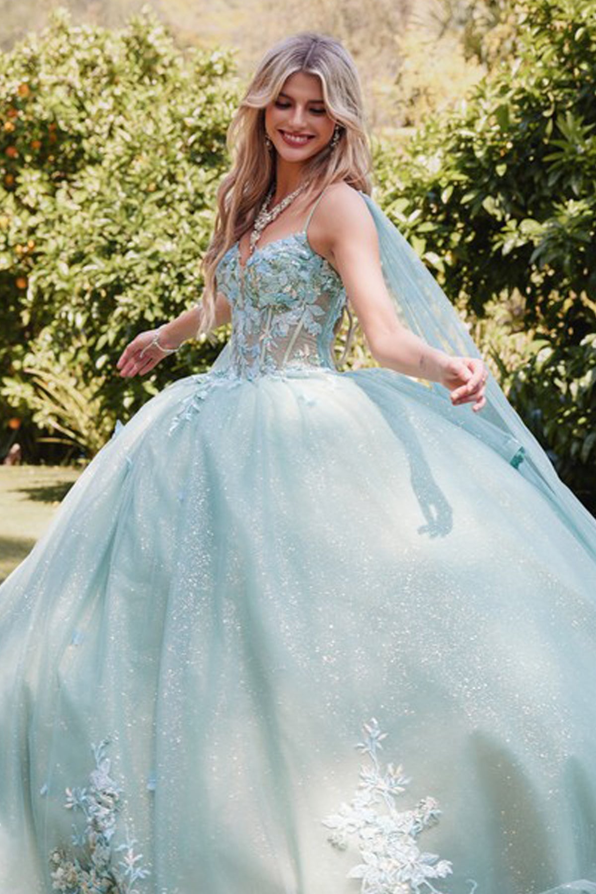 Quinceanera Dresses Beaded Long A Line Glitter Floral Applique Prom Dress Sage Green