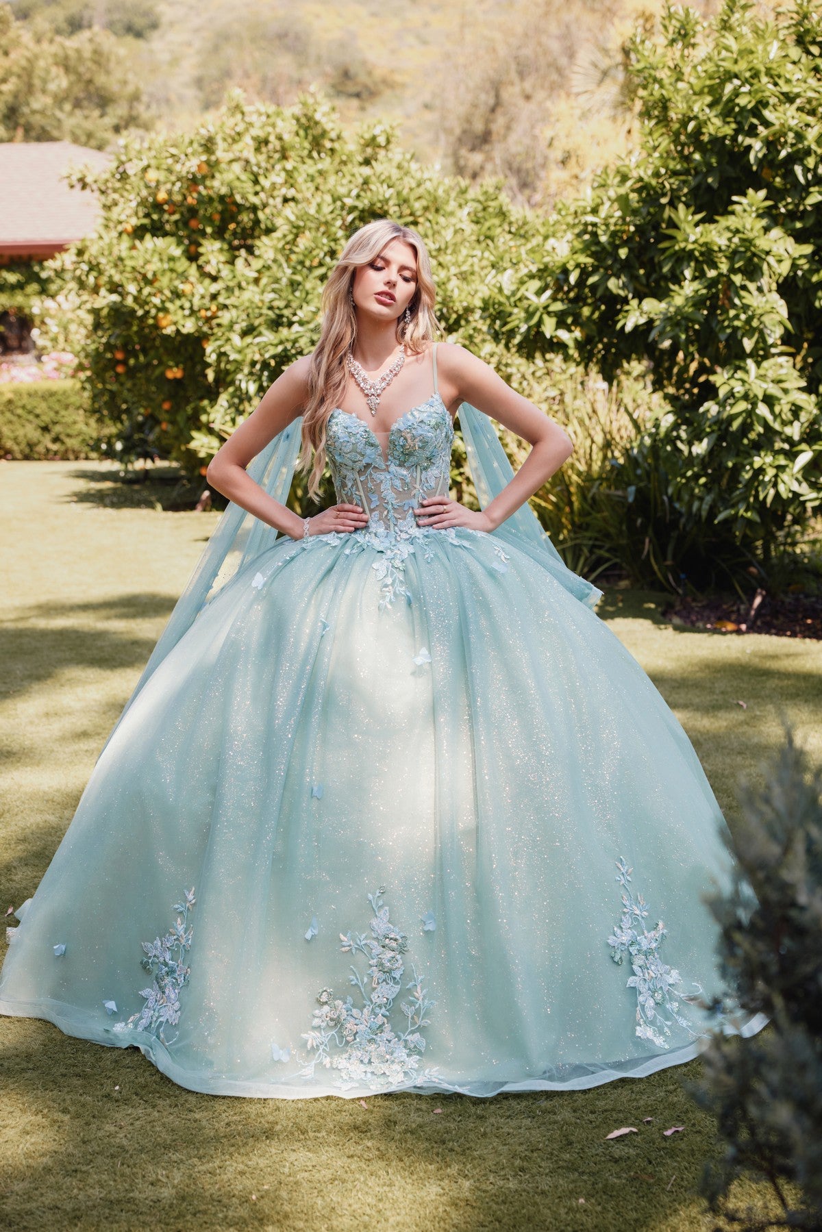 Quinceanera Dresses Beaded Long A Line Glitter Floral Applique Prom Dress Sage Green