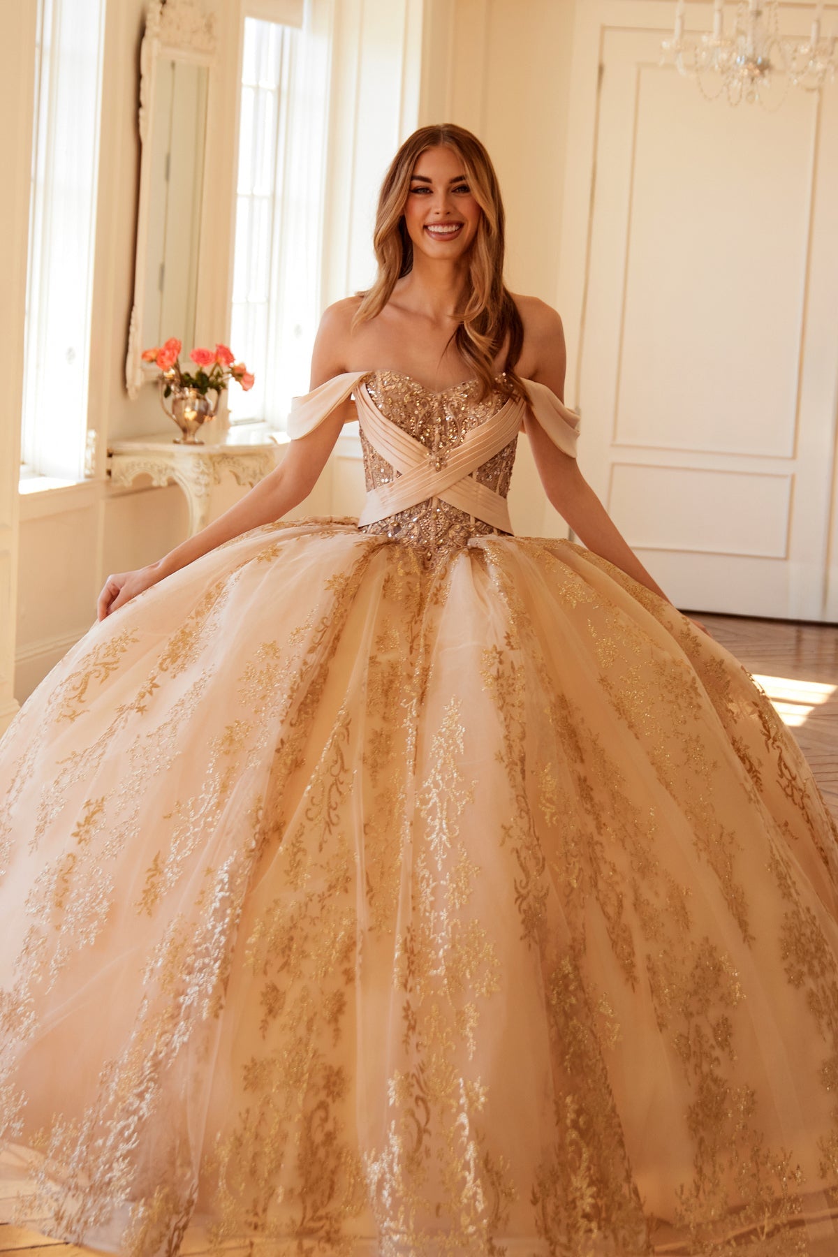 Quinceniera Dresses Long Ball Gown Glitter Print Quinceanera Dress Gold