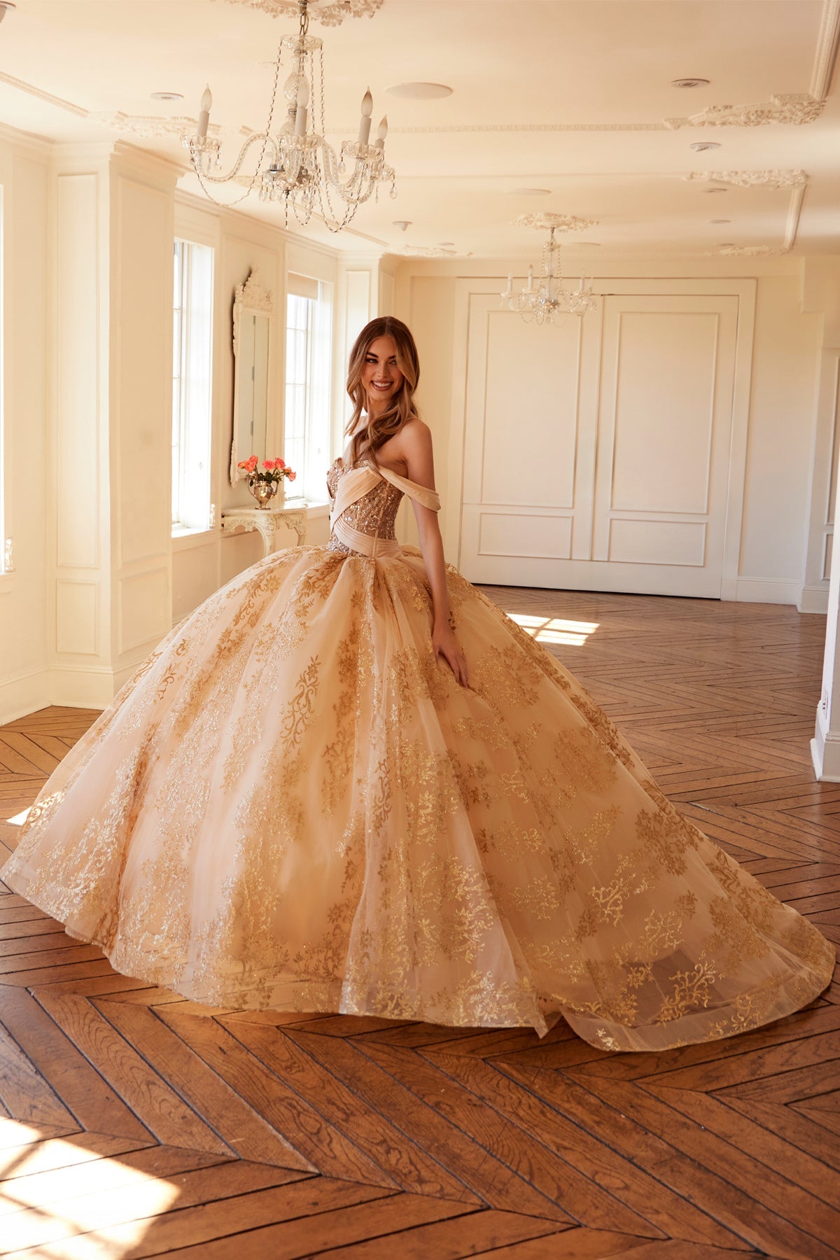 Quinceniera Dresses Long Ball Gown Glitter Print Quinceanera Dress Gold