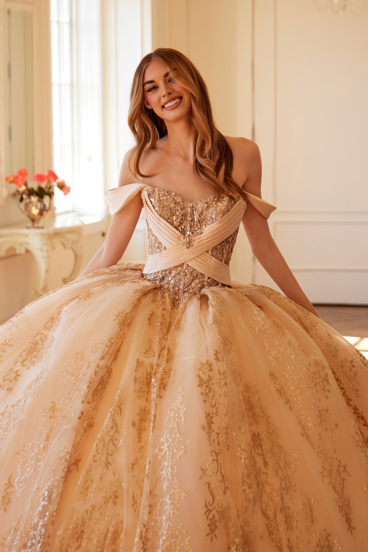 Quinceniera Dresses Long Ball Gown Glitter Print Quinceanera Dress Gold