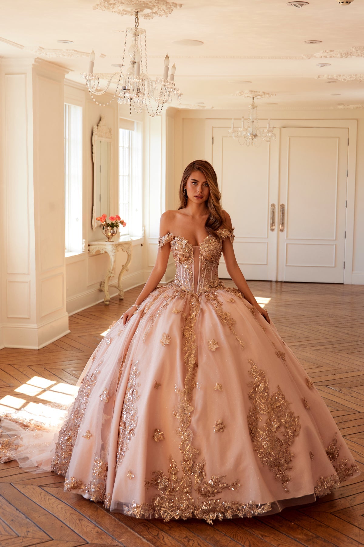 Quinceniera Dresses Long Ball Gown Glitter Sweet 16 Quinceanera Dress Rose Gold