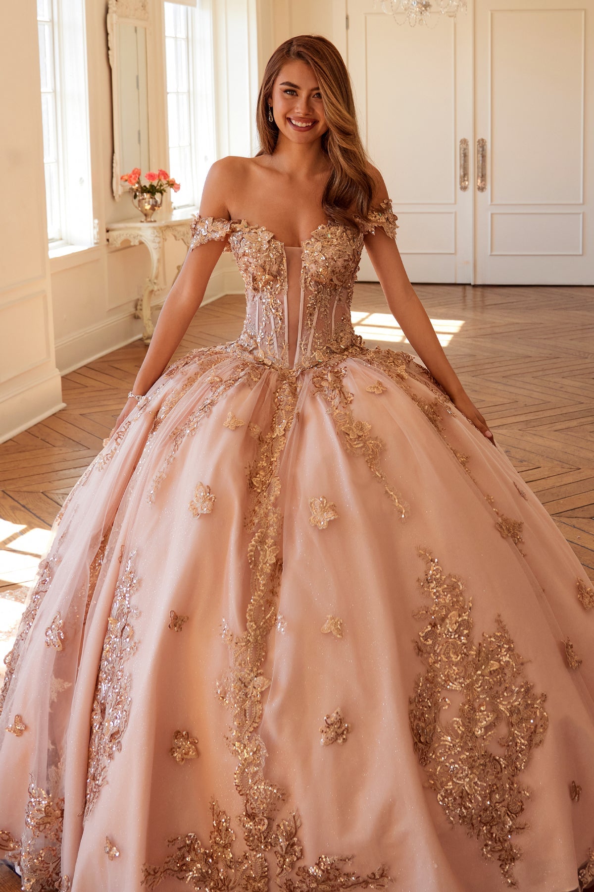 Quinceniera Dresses Long Ball Gown Glitter Sweet 16 Quinceanera Dress Rose Gold