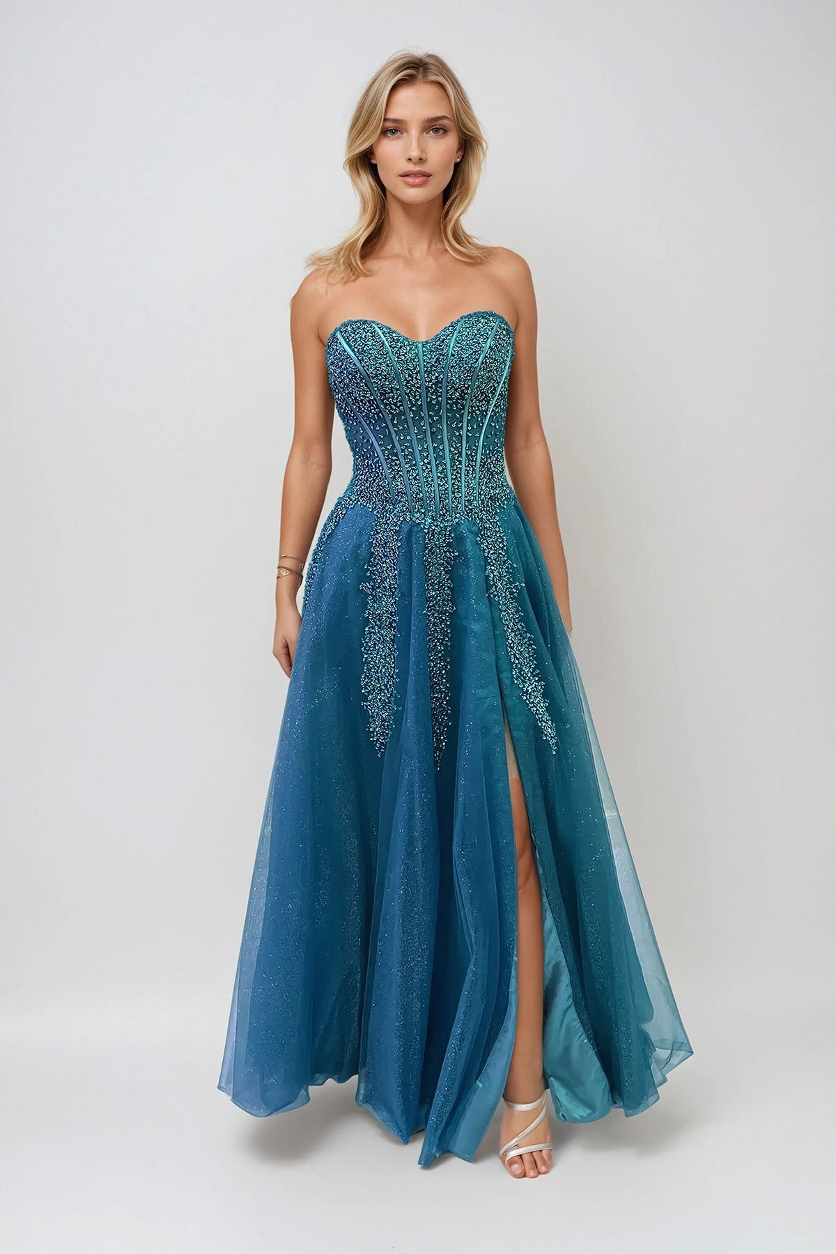 Prom Dresses Fitted Long Slit Beaded Sequin Prom Dress Peacock