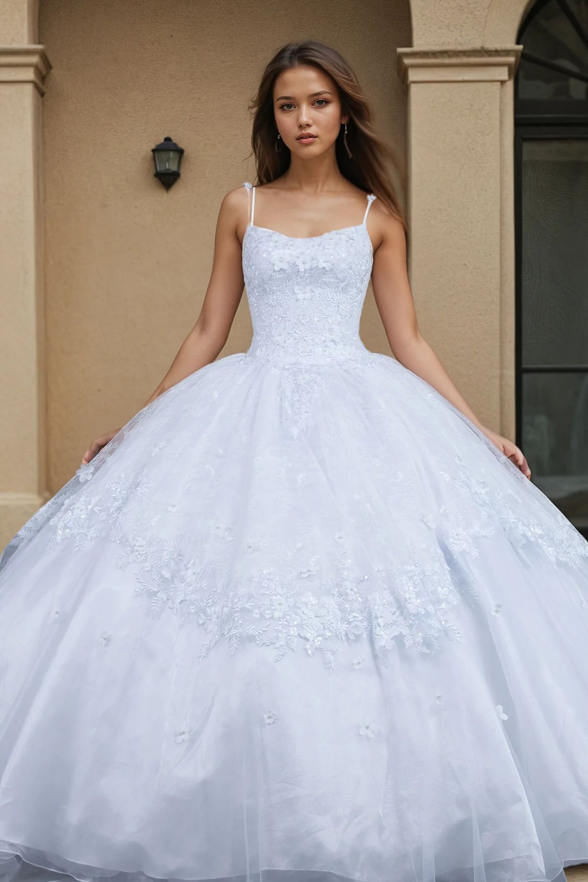 Quinceniera Dresses Ball Gown Long 3D Floral Quinceanera Dress White