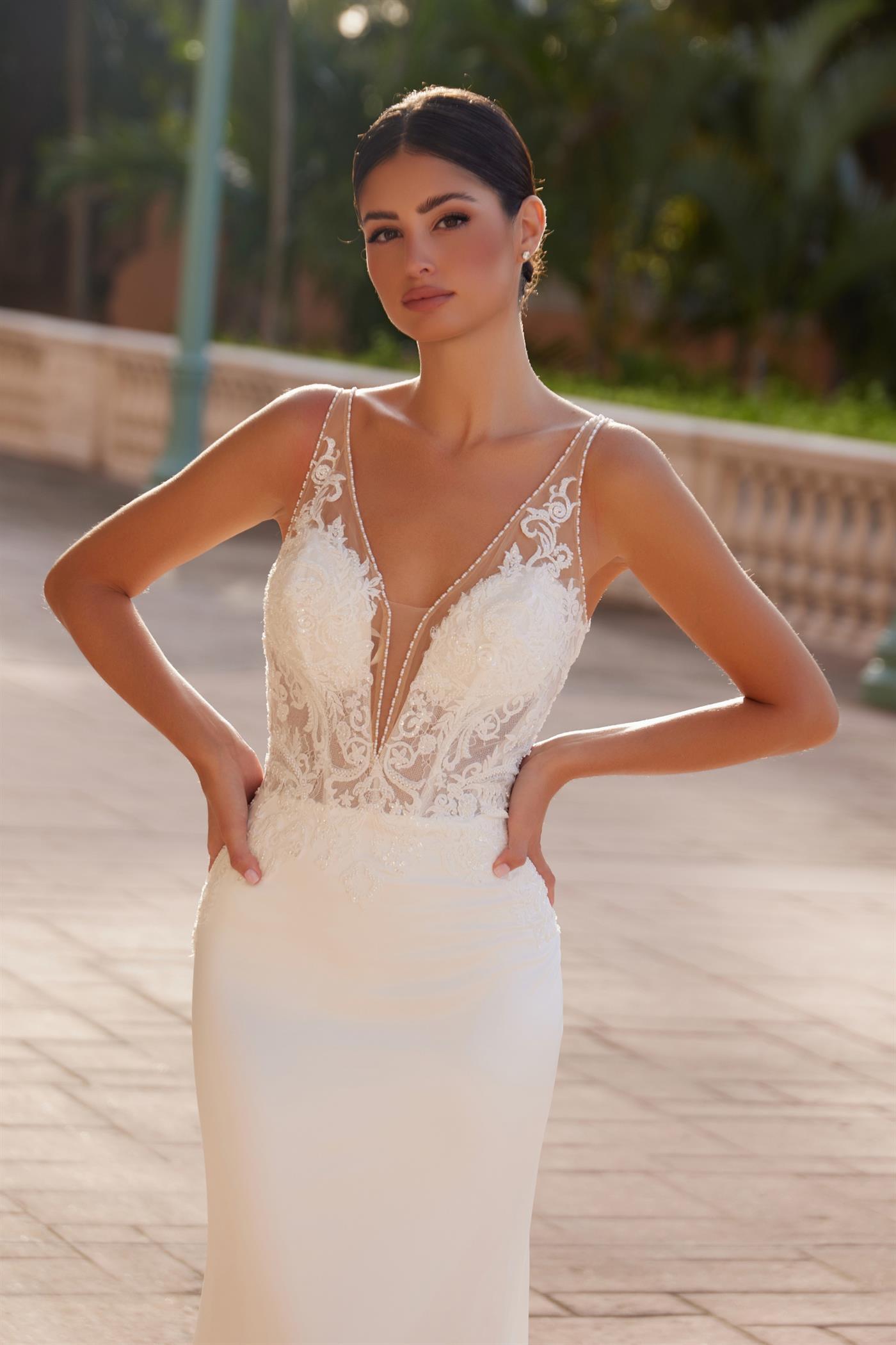 Wedding Dresses Long V Neck Fitted Wedding Dress White