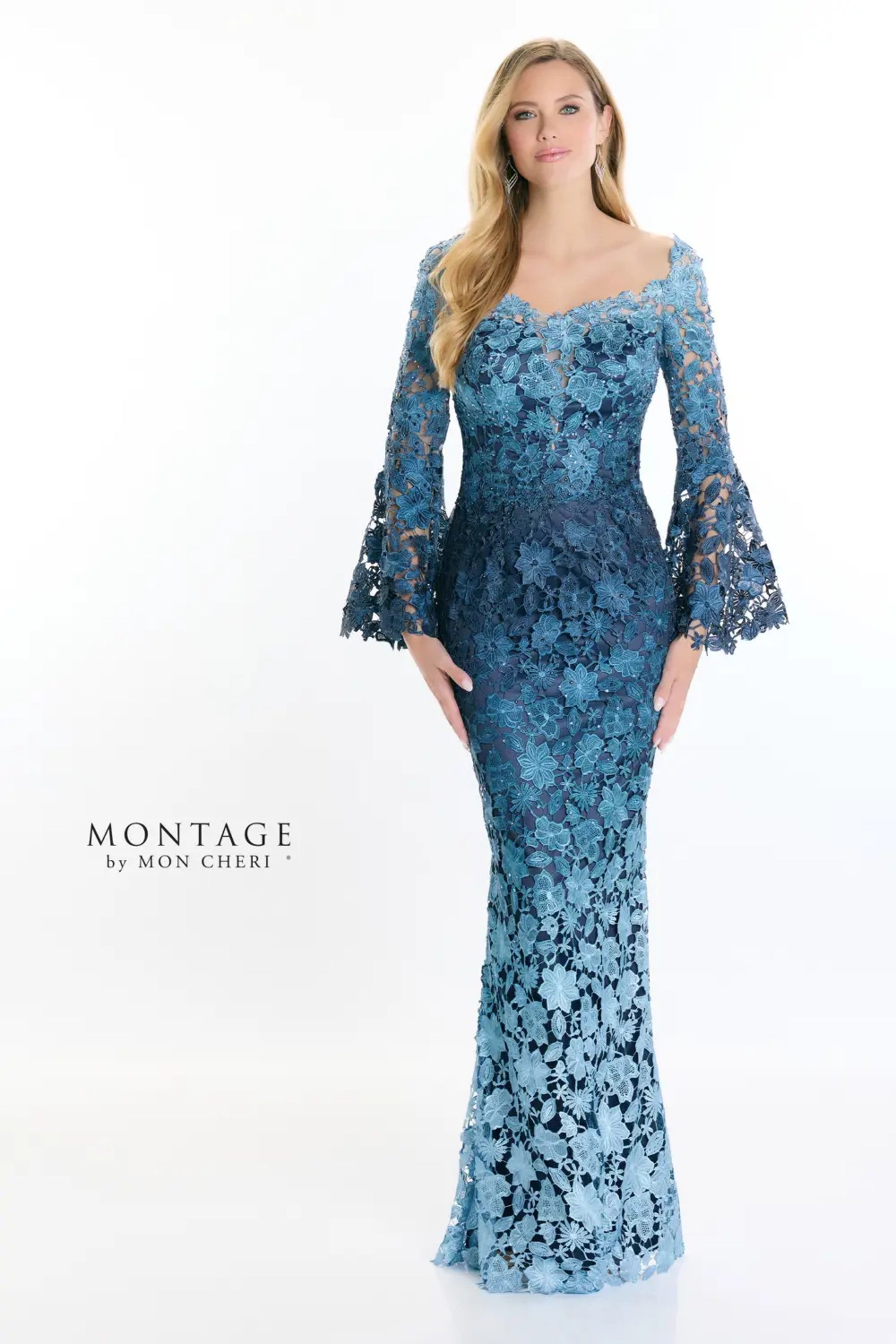 Formal Dresses Long Sleeve Formal Beaded Lace Evening Dress Blue Ombre