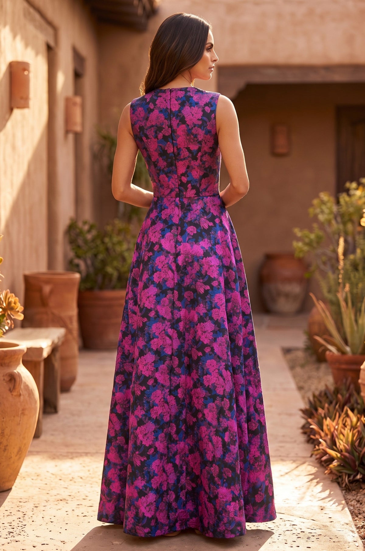 Formal Printed Floral Patterned Evening Dress – Magenta