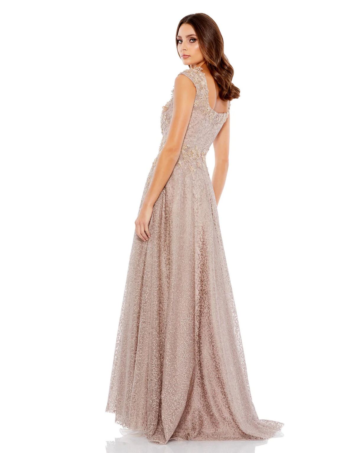 Formal Dresses Long Embellished Cap Sleeve Square Neck A Line Dress Mocha