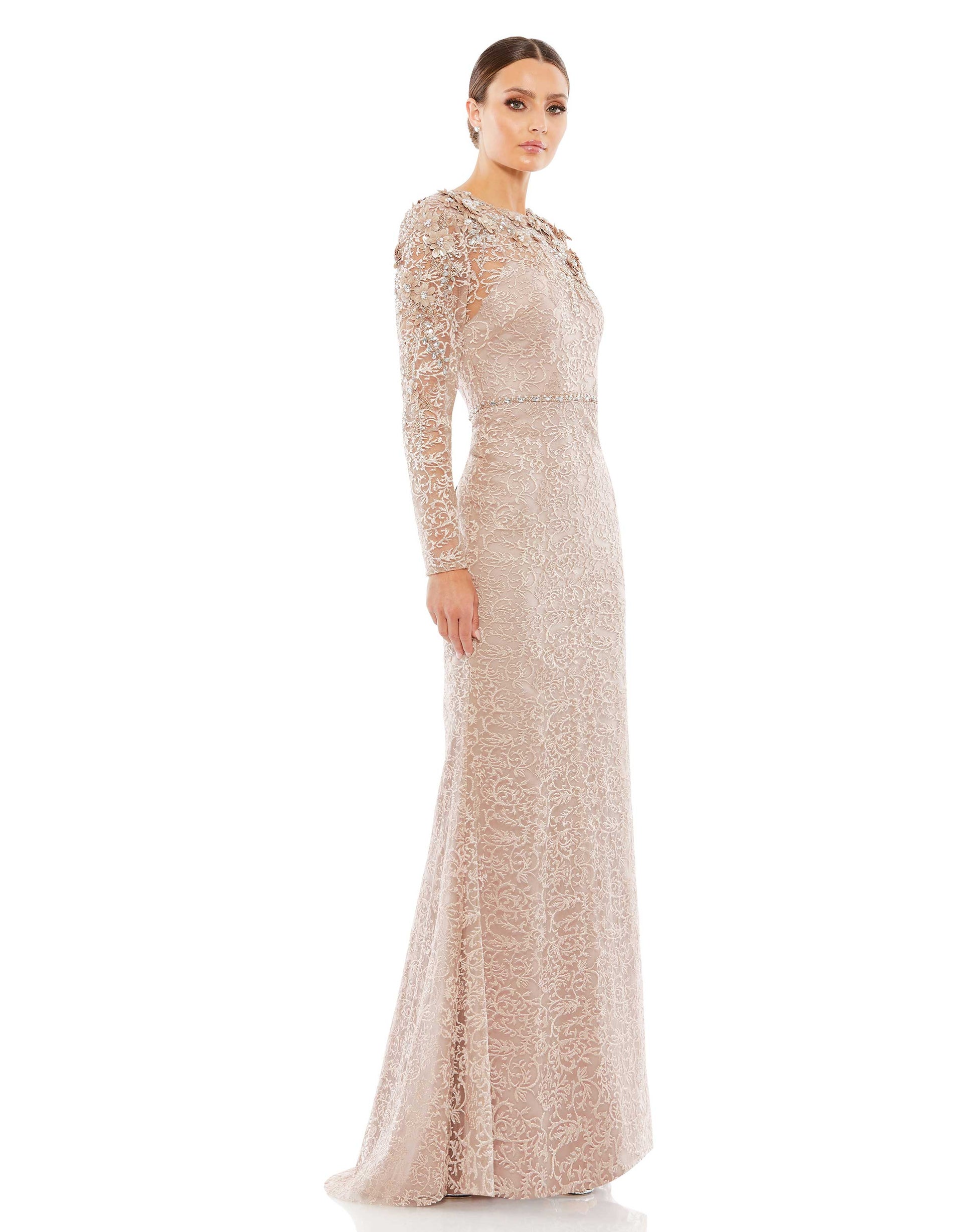 Formal Dresses Long Sleeve Floral Beaded Formal Prom Dress Nude
