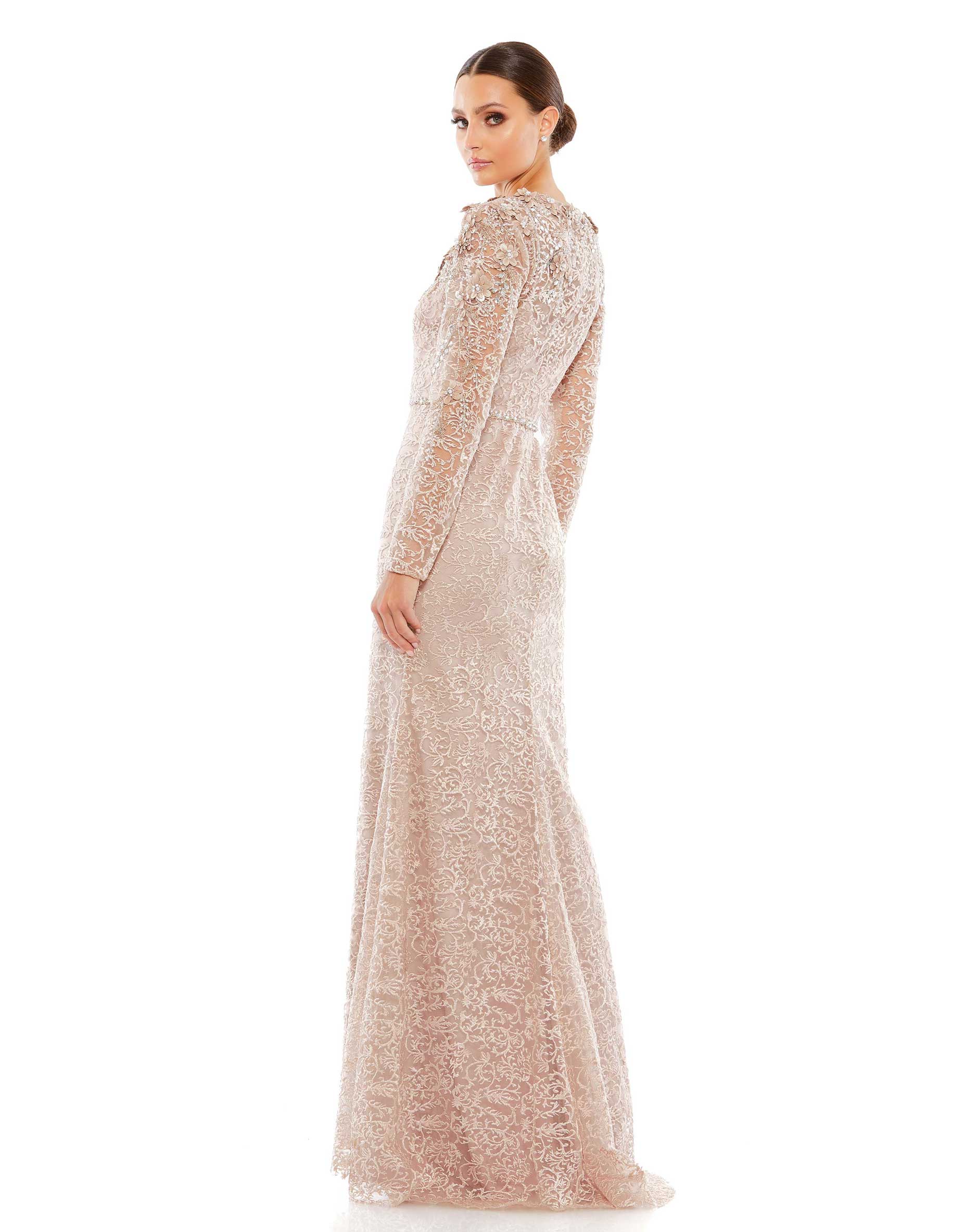 Formal Dresses Long Sleeve Floral Beaded Formal Prom Dress Nude