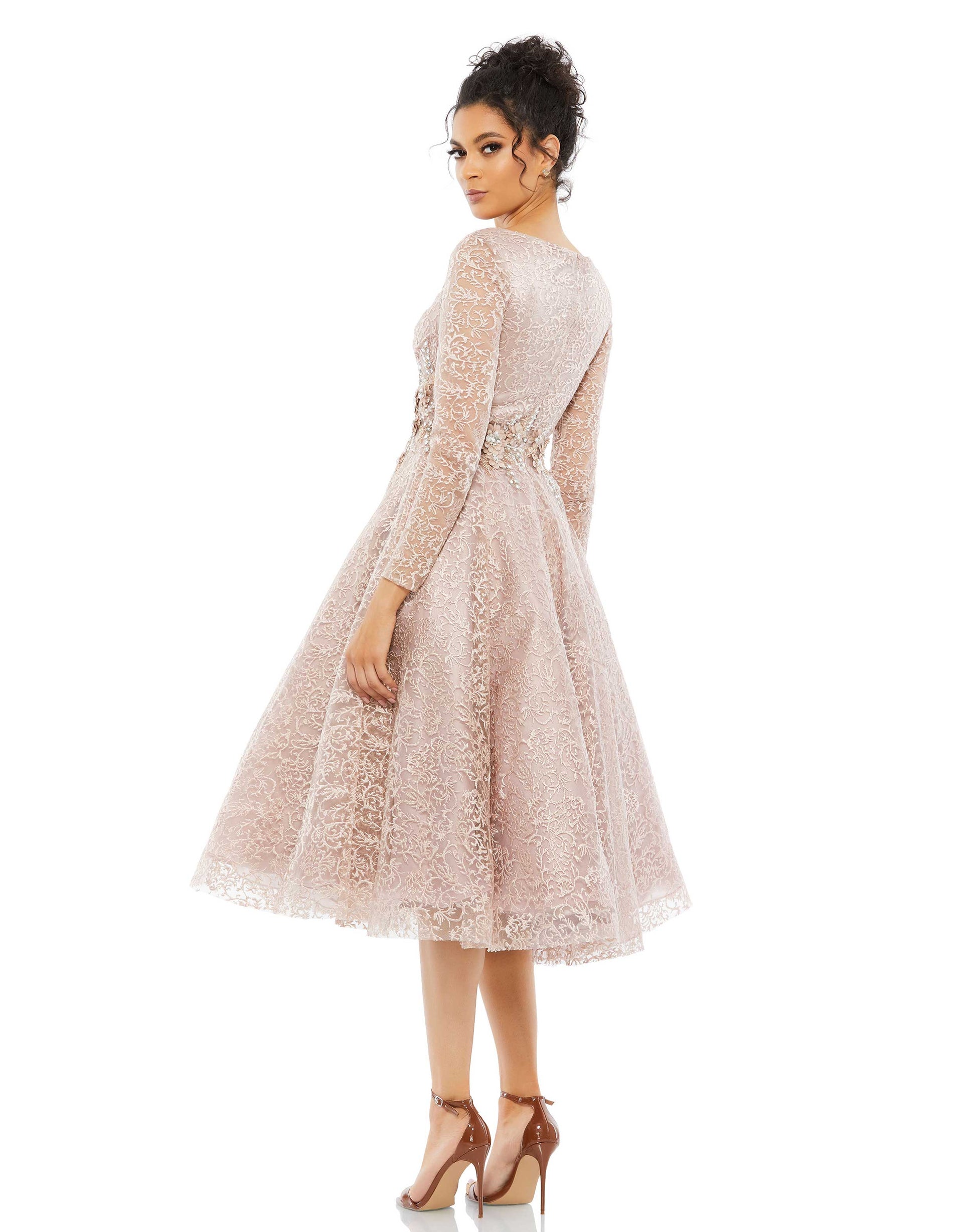 Cocktail Dresses Long Sleeve A Line Cocktail Tea Length Dress Nude