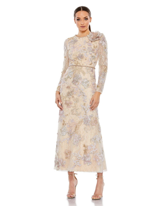 Formal Dresses Long Sleeve Flower Formal Prom Dress Nude