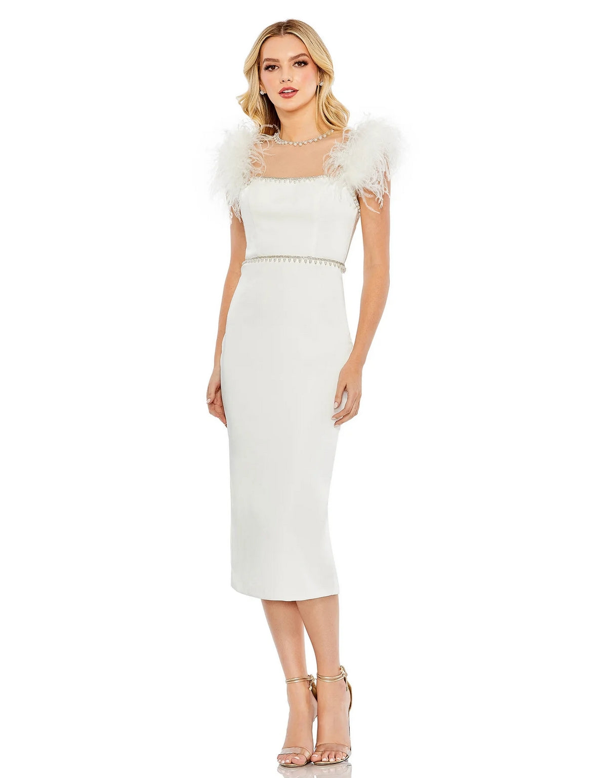 Formal Dresses Feather Cap Sleeve Pearl Embellished Tea Length Fit Dress White