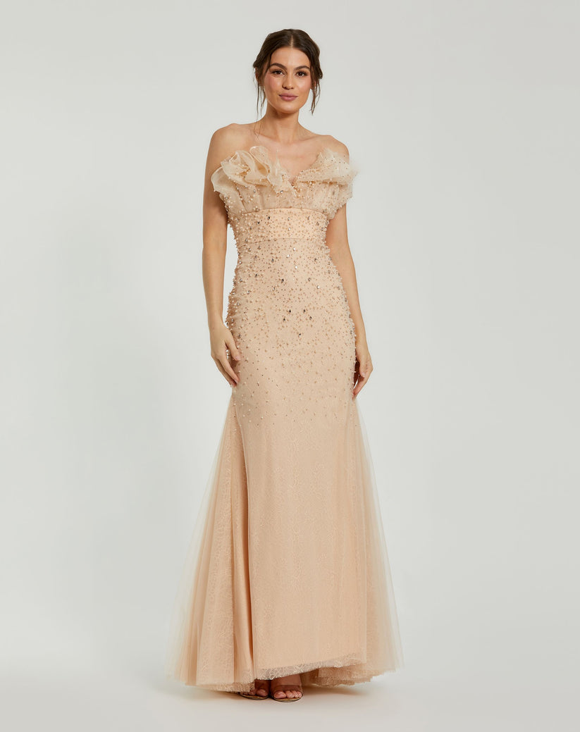 Formal Dresses Mermaid Long Formal Beaded Evening Prom Dress Porcelain
