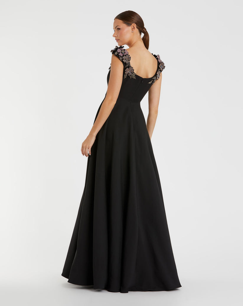 Prom Dresses Formal Long Ball Gown 3D Applique Prom Dress Black